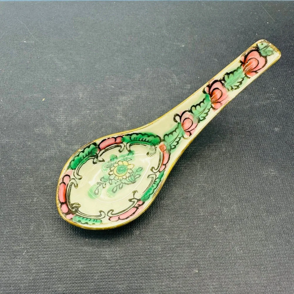 Vintage Famille Rose Medallion Porcelain Small Soup Spoon Hand Painted 4